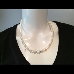 Pearl necklace with pave crystal ball